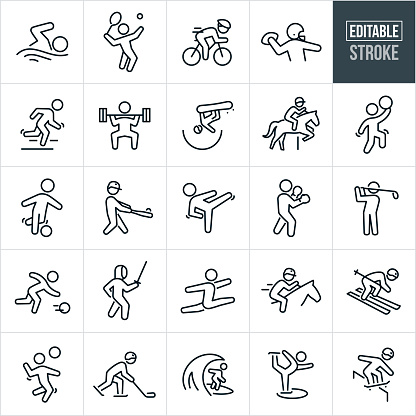 A set of sports icons that include editable strokes or outlines using the EPS vector file. The icons include a swimmer swimming, tennis player serving ball, cyclist racing, quarterback throwing football, runner in race, weightlifter doing dead lift, snowboarder in half pipe, equestrian rider jumping, basketball player doing layup, soccer player kicking ball, baseball player hitting ball with bat, martial artist kicking, boxer with gloves up, golfer driving ball, bowler rolling bowling ball, person fencing, gymnast jumping, horse racer racing on horse, skier skiing downhill, volleyball player spiking ball, hockey player playing sport, surfer surfing wave, ice skater doing trick and a skateboarder on rail.