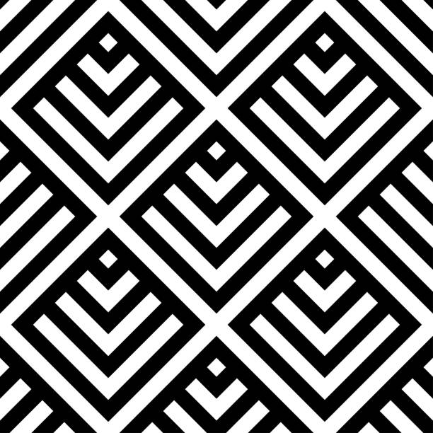 istock Black squares and rhombuses isolated on white background. Monochrome graphic linear seamless pattern. Vector flat illustration. Texture. 1363883261