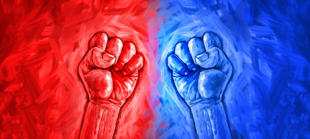 Ecological Justice Politics concet and election campaign fight as right and left political ideology represented by two boxing politician fists fighting for  for a vote in a 3D illustration style. ideology stock pictures, royalty-free photos & images