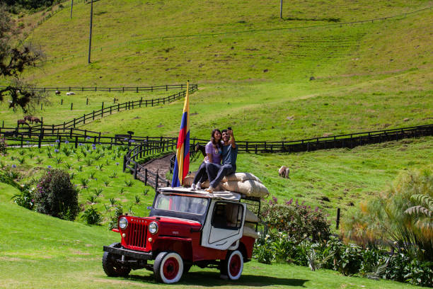 Couple of tourists visiting the beautiful Cocora Valley located in Salento at the Quindio region in Colombia Salento, Colombia - July 2021. Couple of tourists visiting the beautiful Cocora Valley located in Salento at the Quindio region in Colombia bolivian andes photos stock pictures, royalty-free photos & images