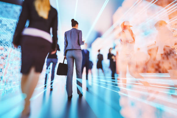 istock Group of people walking in VR environment 1363888681