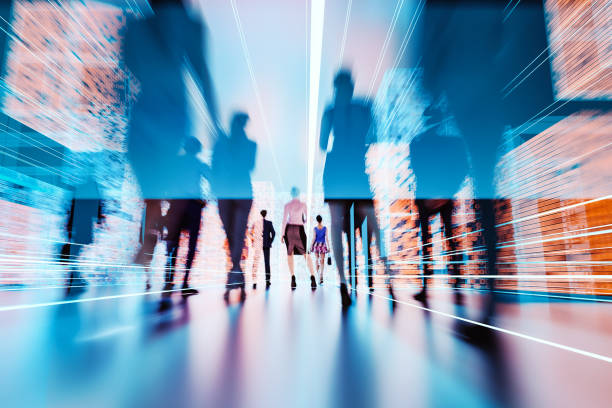 istock Group of people walking in VR environment 1363888688