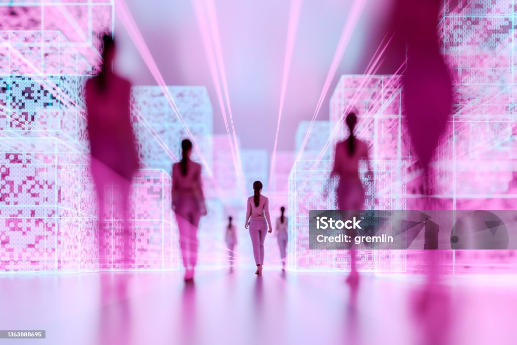 Woman walking in VR environment Woman walking in VR environment - 3D generated image. Cloning Stock Photo