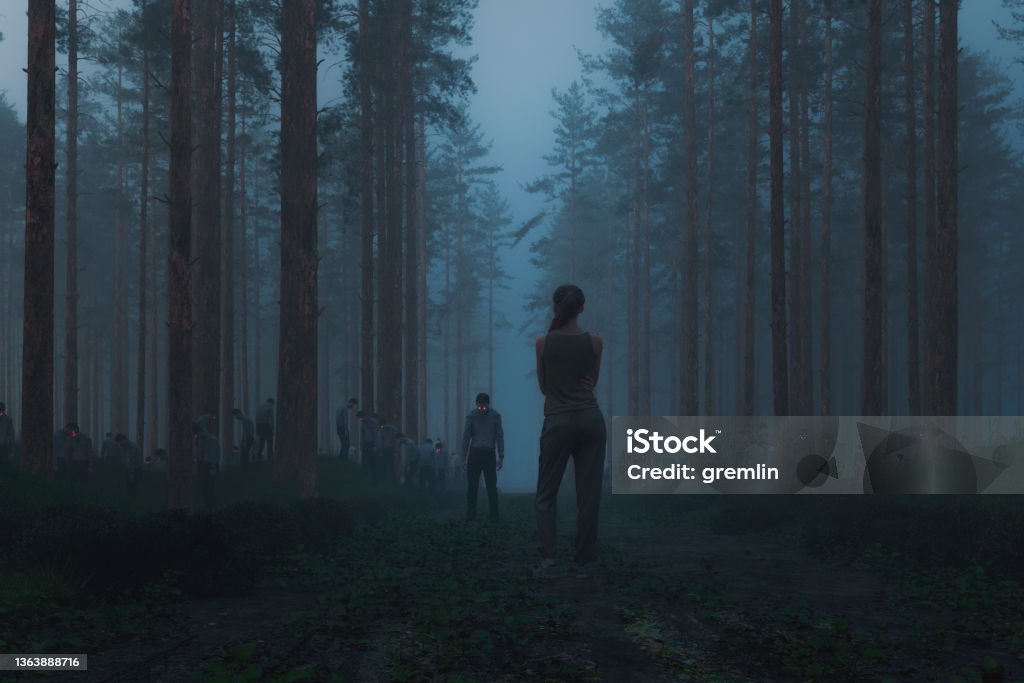 Woman standing in the spooky forest with hordes of zombies Woman standing in the spooky forest at night with hordes of inert zombies. This is entirely 3D generated image. Spooky Stock Photo
