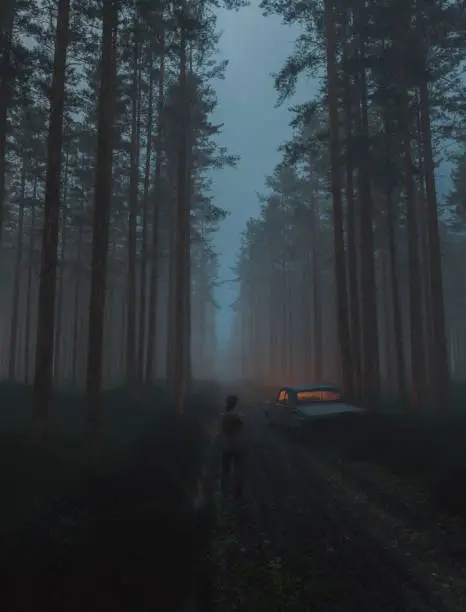 Photo of Woman standing in the spooky forest at night