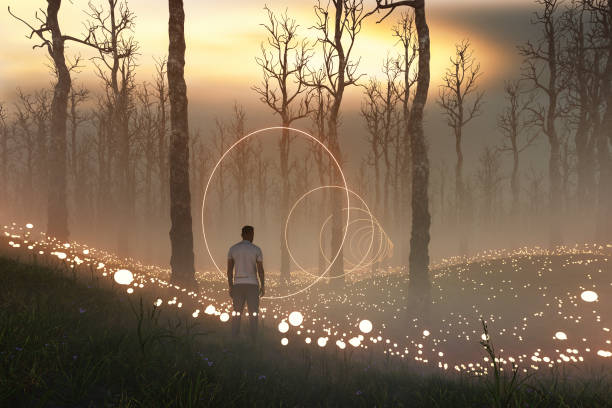 istock Young man standing in mysterious forest at night 1363888746