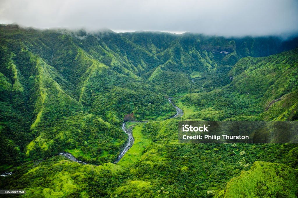 Aerial view from helicopter of river flowing through lush tropical landscape Hawaii Islands Stock Photo