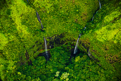 Top down view of waterfalls flowing into water in tropical green rainforest