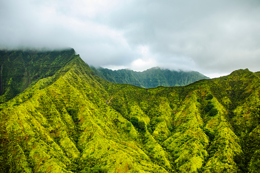 Foggy mountain range on Hawaiian tropical island