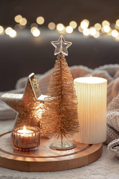 istock Cozy winter composition with decor details on blurred background with bokeh. 1363890055