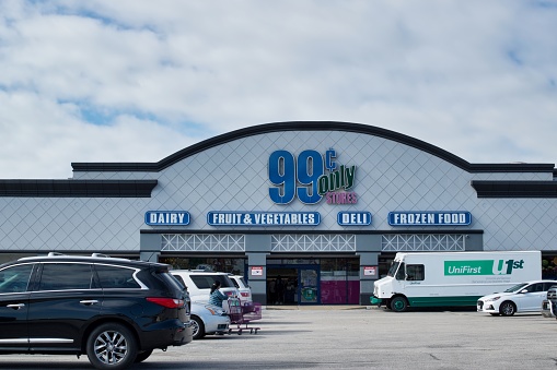 Houston, Texas USA 11-12-2021: 99 Cents Only Stores storefront and parking lot in Houston, TX. American price-point retailer chain founded in 1982.