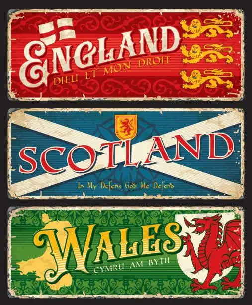 Vector illustration of England, Scotland, Wales british regions plates