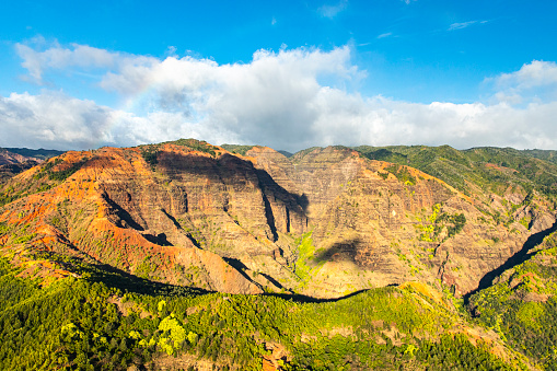 High angle view of brightly lit canyon on Hawaii island