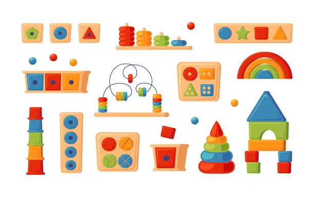 Vector illustration of Montessori education logic toys. Children wooden toys for preschool kids. Montessori system for early childhood development. Multicolored sorters. Set of vector illustrations on white background