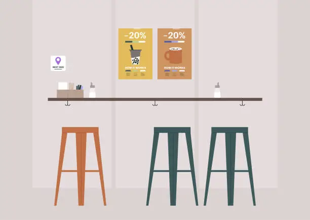 Vector illustration of A coffeeshop interior, a bar counter with high stools and promo posters