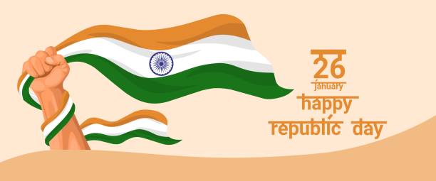 Vector illustration, hand holding Indian flag, with happy republic day typography. Vector illustration, hand holding Indian flag, with happy republic day typography. dharma chakra stock illustrations