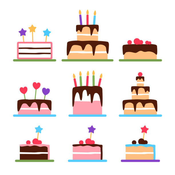 ilustrações de stock, clip art, desenhos animados e ícones de birthday cakes with candles. festive colorful flat icons set on white background. frosted delicious decorated with chocolate cream candy objects design collection. confectionery vector illustration. - birthday cupcake pastry baking