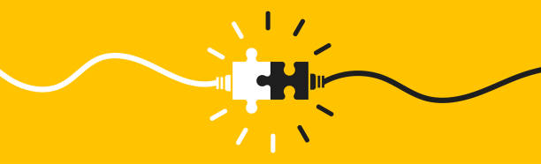 ilustrações de stock, clip art, desenhos animados e ícones de connecting puzzle pieces on yellow background. idea, solution, business, strategy concept. - teamwork cooperation strategy unity