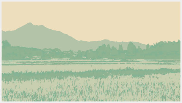 color woodcut style nature mountain landscape