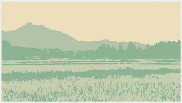 Vector illustration of color woodcut style nature mountain landscape