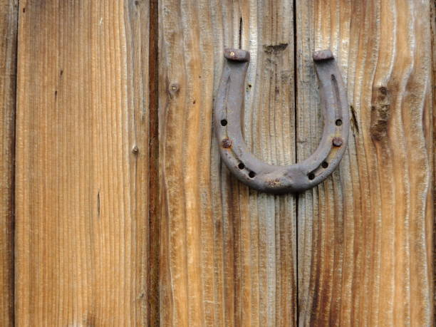 An old horseshoe hangs on a roughly textured wall of a barn.