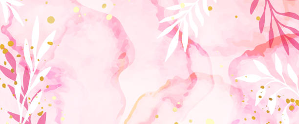 abstrakcyjne tło banera akwarelowego z liśćmi i różowymi plamami akwareli. nowoczesne modne tło, sztuka abstrakcyjna minimalistyczny styl. dekoracja projektu, pocztówka, plakat lub broszura - flower backgrounds floral pattern dirty stock illustrations