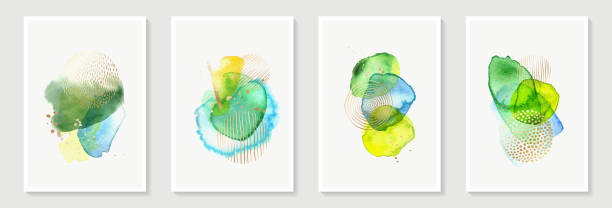 istock Creative minimalist hand painted Abstract art background with watercolor green stain and Hand Drawn doodle golden color Scribble Circle. Design for wall decoration, postcard, poster or brochure 1363904927