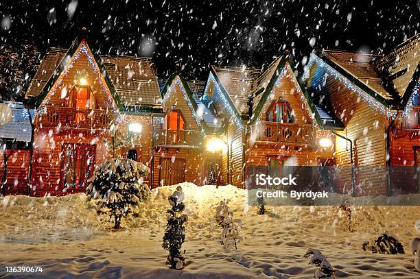 Night Christmas House Stock Photo - Download Image Now - Christmas Lights, Snow, Christmas