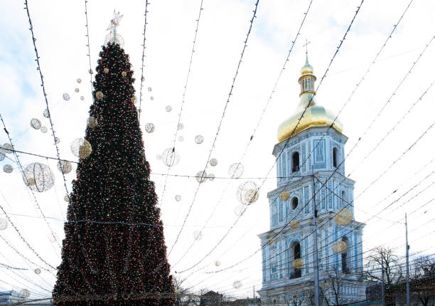 In the background - the bell tower of the Cathedral of St. Sophia of Kiev - the sights of the city.
