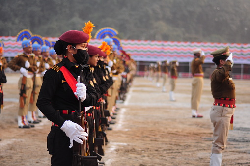 All uniforms jointly participating in the Republic day parade practice session at Khanapara Field, Guwahati, Assam