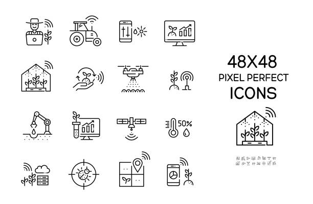 Smart farming icons set. Farmer using internet of things, drones and robots for precise farming. Pixel perfect, editable stroke icons Smart farming icons set. Farmer using internet of things, drones and robots for precise farming. Pixel perfect, editable stroke icons precision agriculture stock illustrations