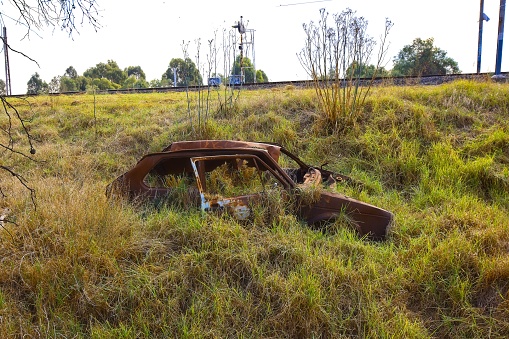 A rusted out abandoned car through which grass has grown situated just down from some train tracks