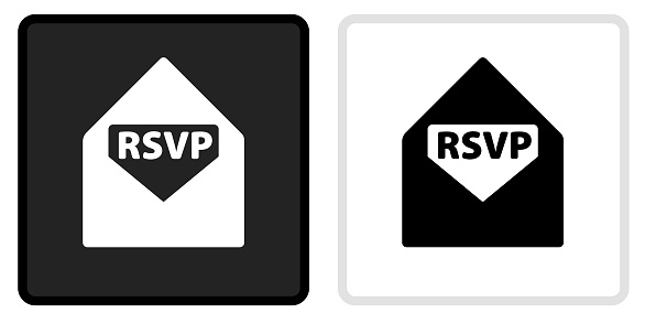 RSVP Icon on  Black Button with White Rollover. This vector icon has two  variations. The first one on the left is dark gray with a black border and the second button on the right is white with a light gray border. The buttons are identical in size and will work perfectly as a roll-over combination.