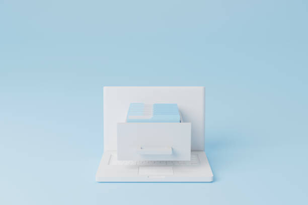 istock Concept of Data digital storage on cloud. Computer laptop with file folder. 3d illustration 1363923905