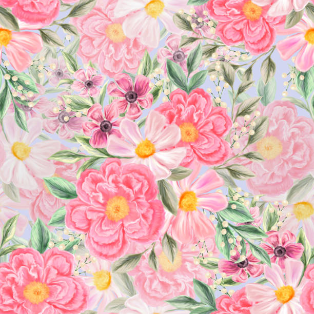 istock Spring flowers seamless pattern. Botanical background. Arrangement of pink and white wildflowers. 1363928815