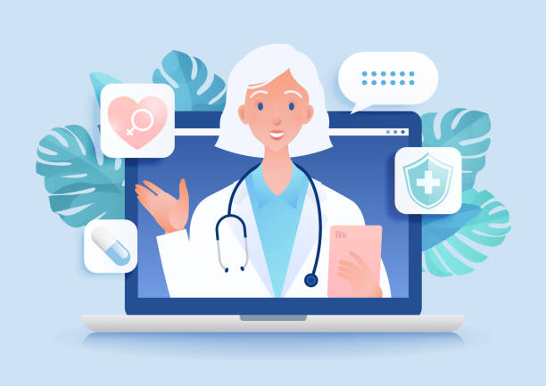 telemedicine concept vector illustration. visiting female doctor using laptop computer. - pharmacist stock illustrations