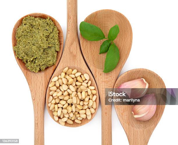 Pesto And Ingredients Stock Photo - Download Image Now - Basil, Cooking Utensil, Food