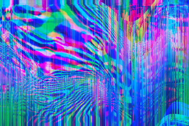 Motion Glitch interlaced Distorted psychedelic zebra futuristic background Abstract blue pink green psychedelic zebra digital Distorted Motion glitch effect background. Futuristic striped cyberpunk design. Retro futurism rave 80s 90s aesthetic, 70s groovy techno neon colors acid stock illustrations