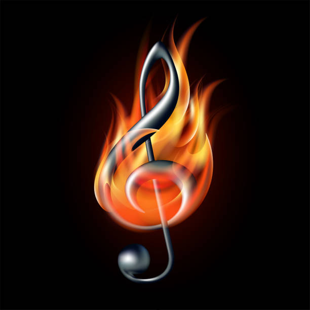 ilustrações de stock, clip art, desenhos animados e ícones de treble clef silhouette in fire flames. flaming music violin clef sign. - treble clef music fire musical symbol