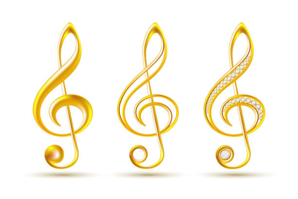 illustrations, cliparts, dessins animés et icônes de symboles de notes métalliques dorés réalistes. ensemble de clef aiguë - treble clef musical symbol music clipping path