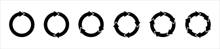 Circle arrow icon set. Symbol of reload, refresh, loading, recycle and repeat. Interconnecting round arrow vector icons set. Work flow in progress illustration. one, two, three, four, five, six arrow in the loop.