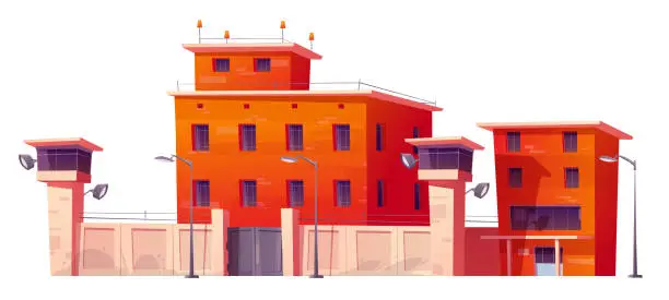 Vector illustration of Prison building, jail with fence and watchtowers