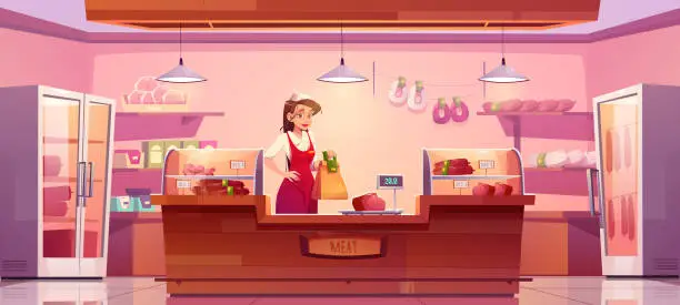 Vector illustration of Meat store with woman seller, counter and sausages