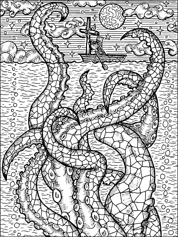 Black and white fantasy illustration of sea monster Leviathan and monk with cross on the boat. Nautical vector vintage drawings, marine concept, coloring book page, t-shirt and tattoo graphic