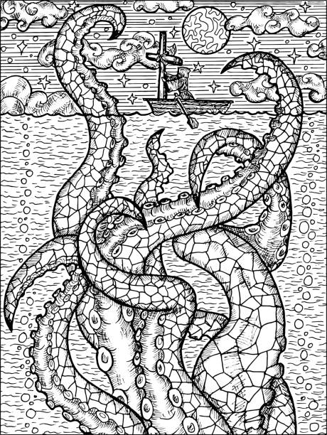 Black and white fantasy illustration of sea monster Leviathan and monk with cross on the boat. Black and white fantasy illustration of sea monster Leviathan and monk with cross on the boat. Nautical vector vintage drawings, marine concept, coloring book page, t-shirt and tattoo graphic coloring illustrations stock illustrations