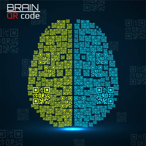 qr 코드 뇌. qr 코드와 인간의 두뇌실루엣. 기술 개념 - qr code coding technology luminosity stock illustrations