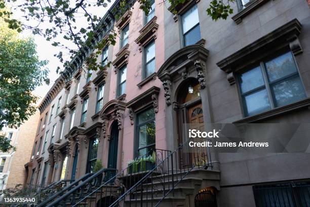 Row Of Colorful Old Brownstone Homes And Residential Buildings In Carroll Gardens Brooklyn Of New York City Stock Photo - Download Image Now