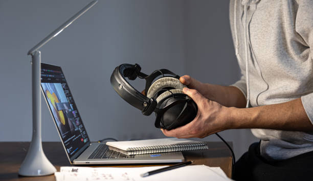 istock Working process at night, a musician is creating music at night. 1363939195
