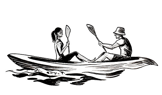 Ink black and white drawing of a man and woman in the boat
