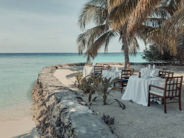 istock Dinner set-up on the oceanfront terrace. Summer vacation on a Maldivian paradise tropical island. 1363940907